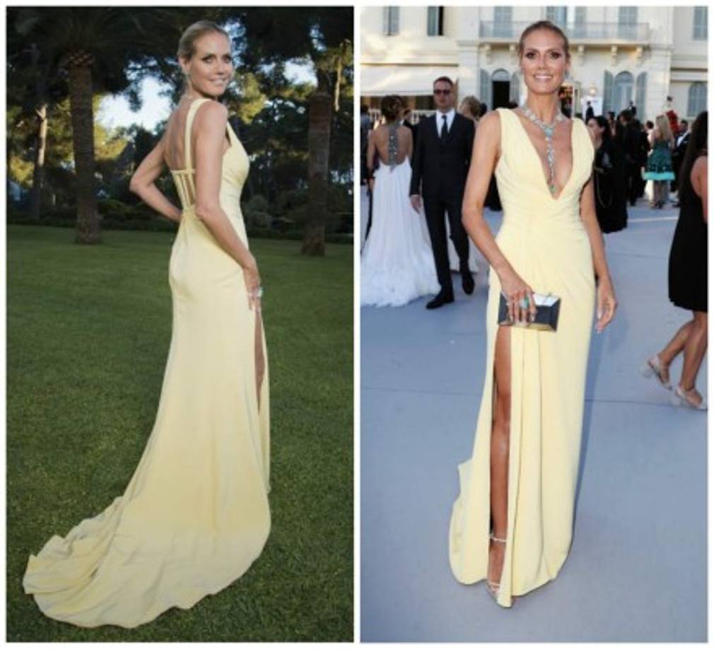 La modelo y presentadora Heidi Klum en un vestido amarillo donde lució un escote de infarto.
