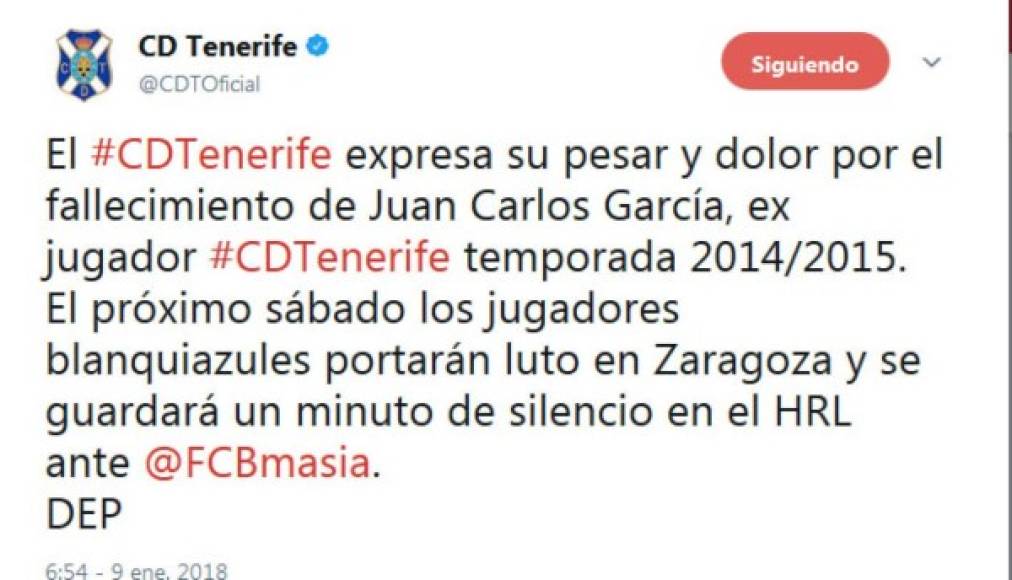 El club Tenerife de la segunda división de España, equipo que ha expresado que le rendirá homenaje al catracho.
