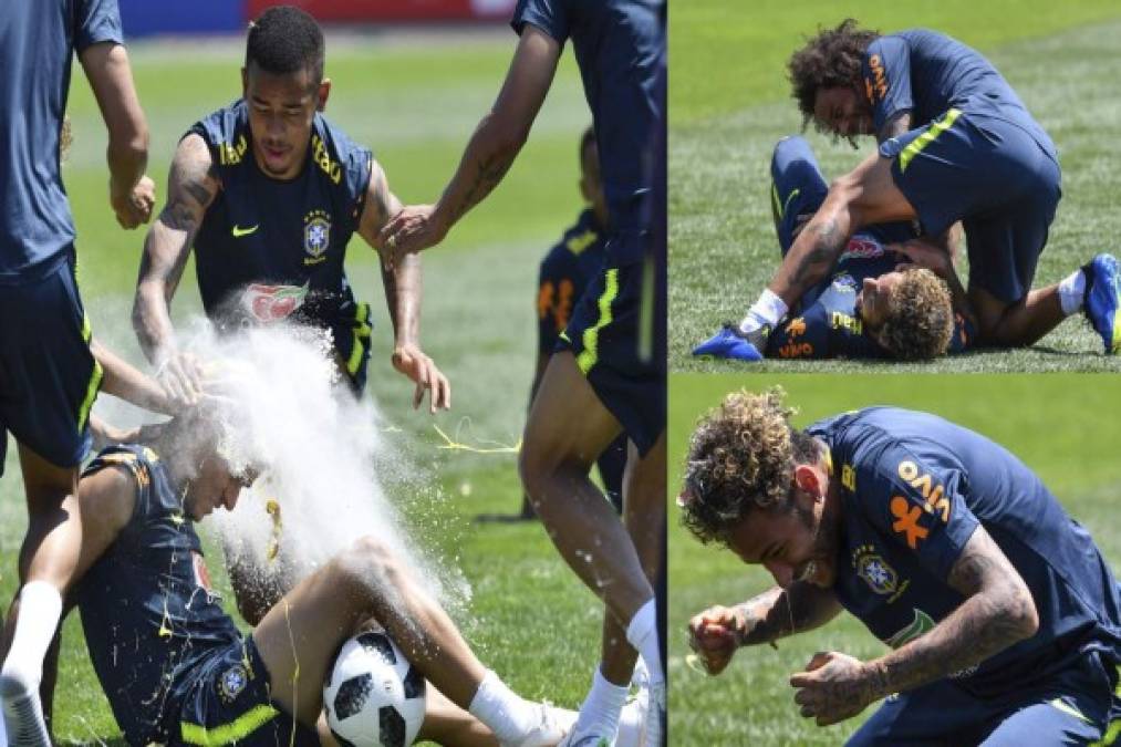 La Selección de Brasil realizó este martes su primer entrenamiento en Rusia y se vivió un ambiente espectacular en tierras mundialista. En la práctica se dieron hasta ataque con huevos.FOTOS AFP.