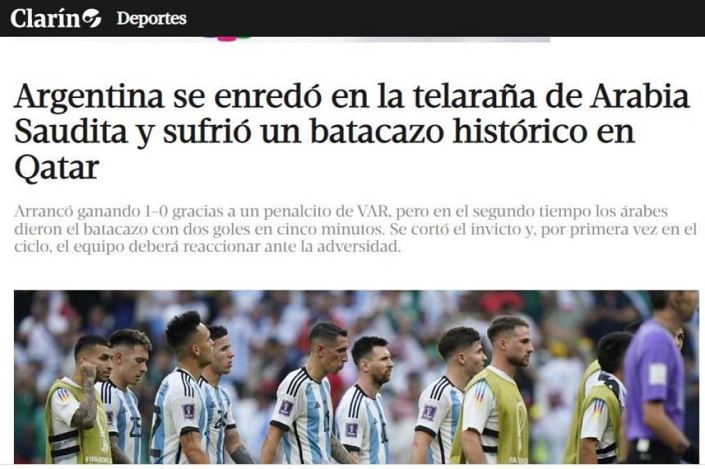El Clarín considera que “Argentina se enredó en la telaraña de Arabia Saudita y sufrió un batacazo histórico en Qatar”.