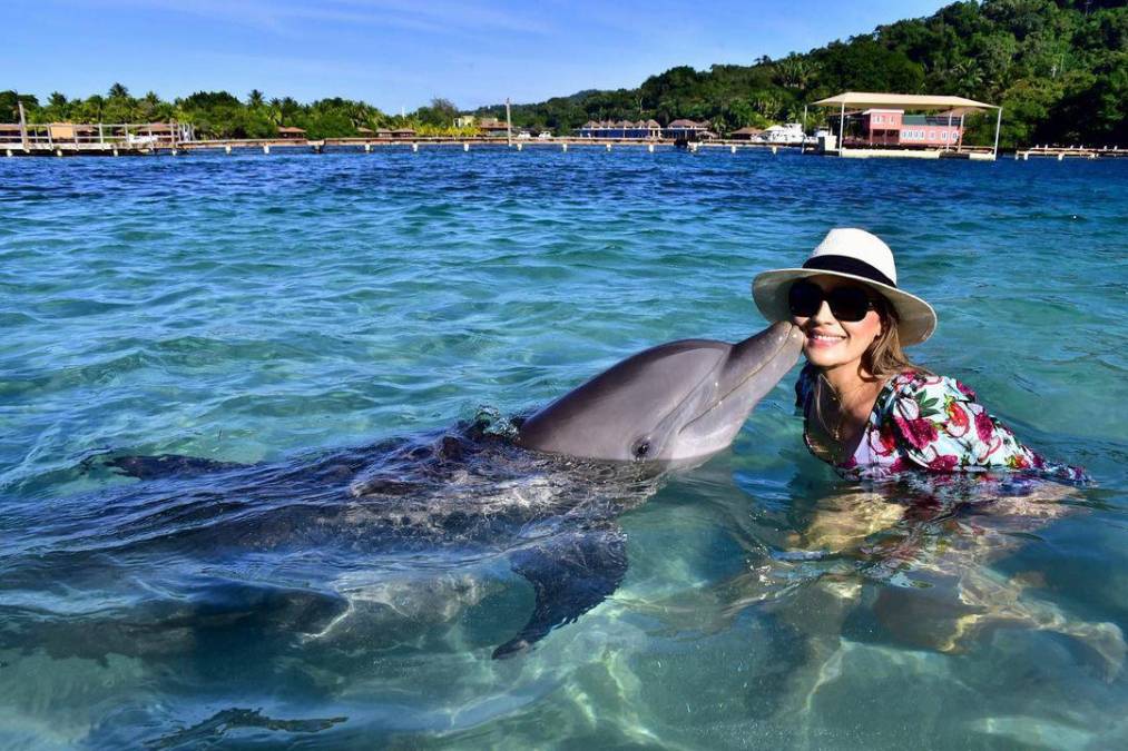La bella Virginia Varela compartió con los delfines en Roatán.