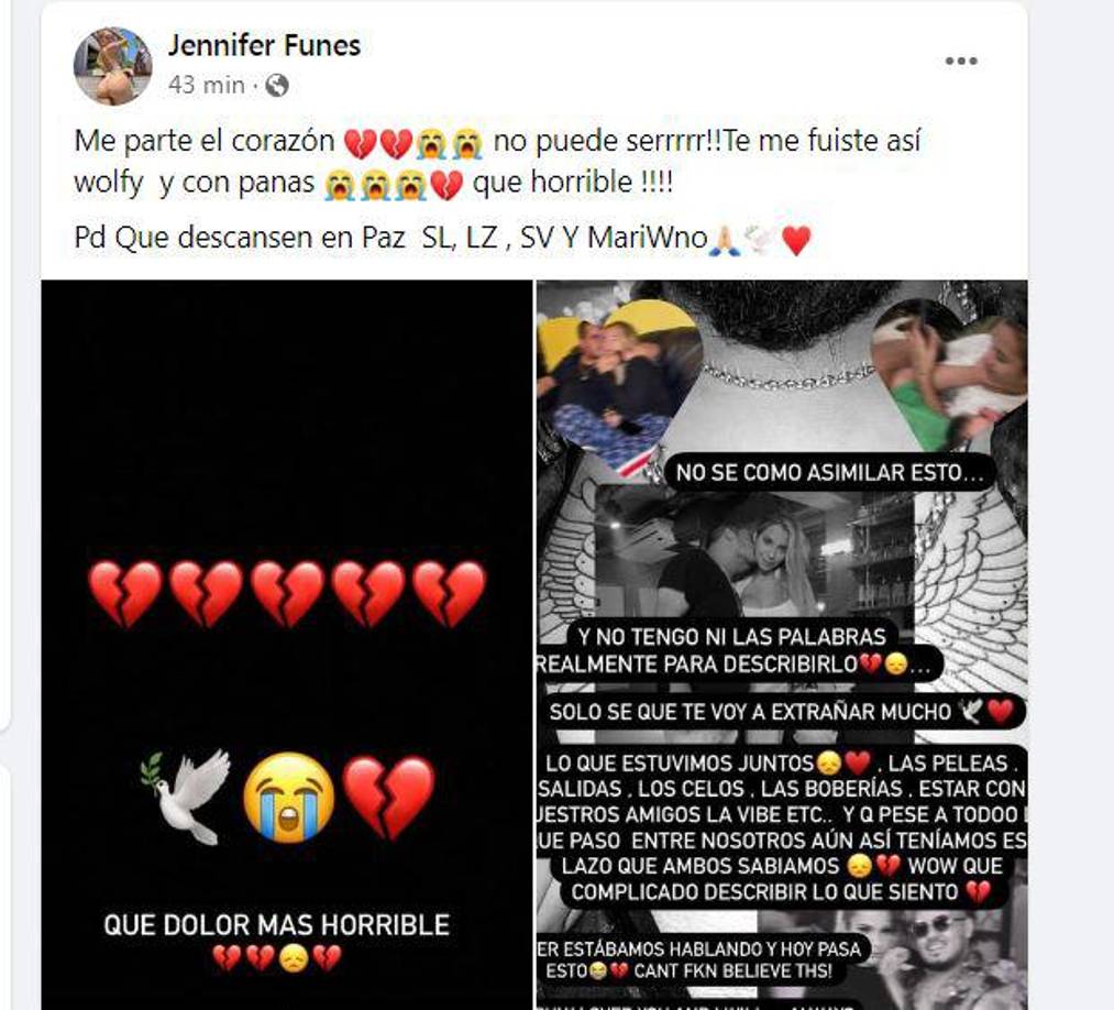 “Me parte el corazón no puede serrrrr!!Te me fuiste así wolfy y con panas que horrible !!!! Pd Que descansen en Paz SL, LZ , SV Y MariWno”, agregó en otra publicación. 
