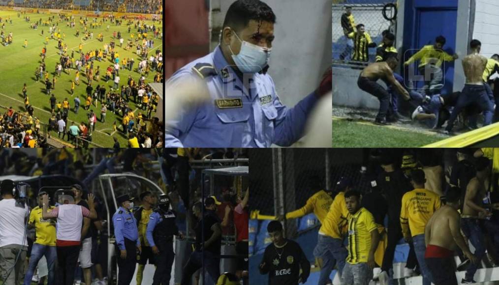 Lamentables escenas de violencia en el clásico Real España - Marathón provocaron la suspensión del partido. Aficionados y elementos de la Policía Nacional resultaron heridos.