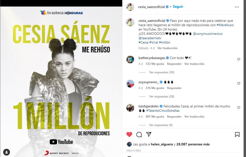 Recientemente, Cesia celebró que su video “Me Rehúso” superó el millón de reproducciones en YouTube.