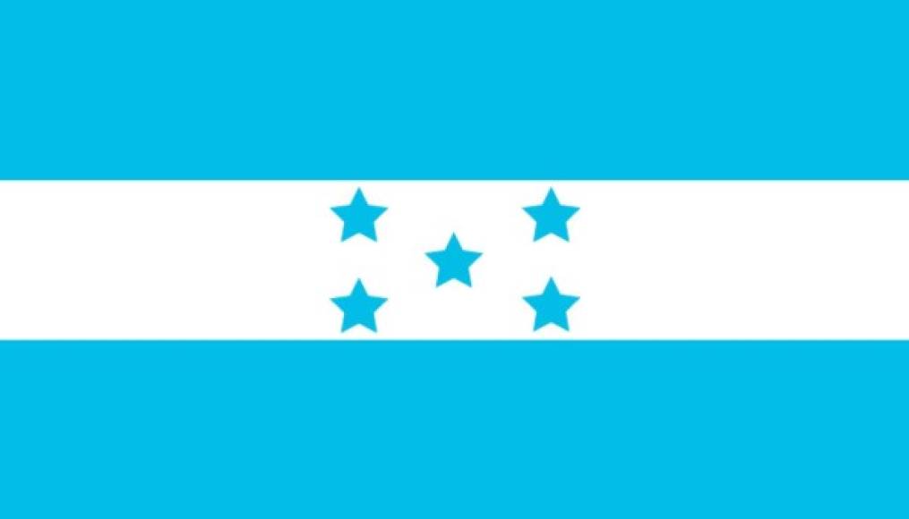1949 - actualidad: Bandera actual y oficial de Honduras, constan de 4 estrellas separadas en forma de rectángulo colocadas en el centro de la franja de color blanco y una estrella en el centro de las otras cuatro, sus dos franjas azules son turquesas.