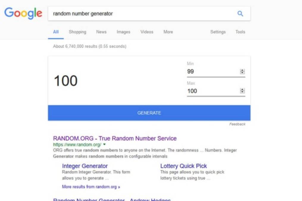 GENERADOR DE NÚMEROS ALEATORIOS<br/>¿Alguna vez has jugado 'el que adivine el número gana'? Google te ayuda con una herramienta que genera números al azar en un rango que el usuario puede configurar. Se accede a él escribiendo 'Random number generator'.