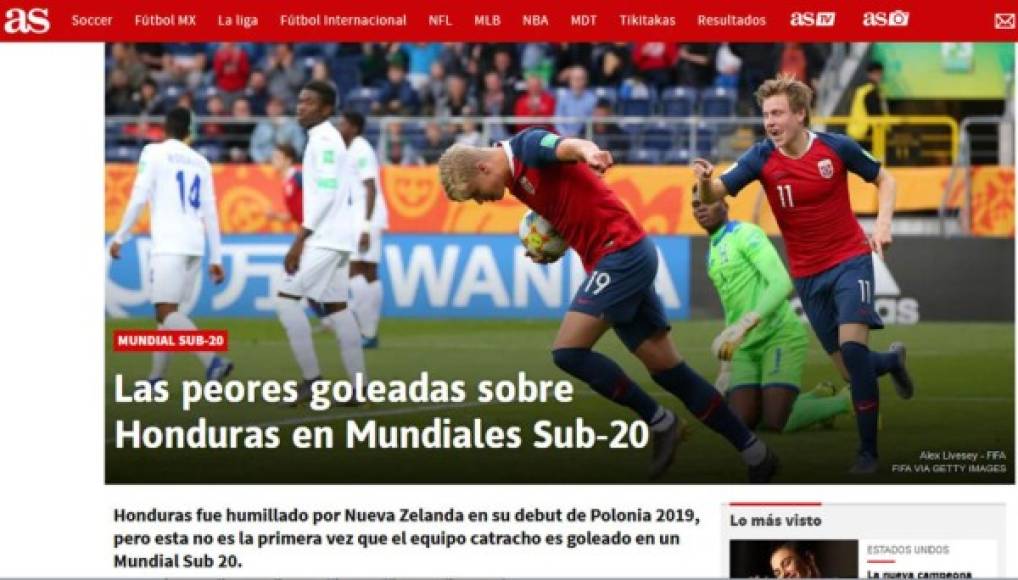 Diario As de España: 'Las peores goleadas sobre Honduras en Mundiales Sub-20'. 'Honduras fue humillado por Nueva Zelanda en su debut de Polonia 2019, pero esta no es la primera vez que el equipo catracho es goleado en un Mundial Sub 20'.