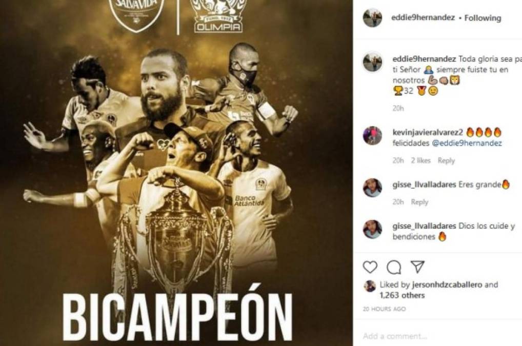 Eddie Hernández: El delantero del Olimpia fue otro de los que publicó en sus redes sociales para agradecerle a Dios, familiares y aficionados del club albo.