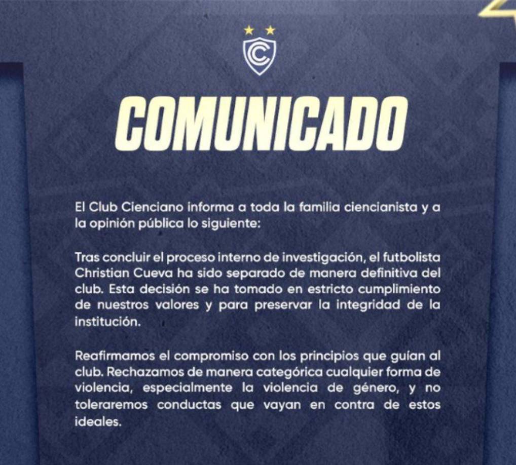 Christian Cueva ya no juega para el Club Cienciano. El equipo lo despidió tras denuncia por violencia familiar.