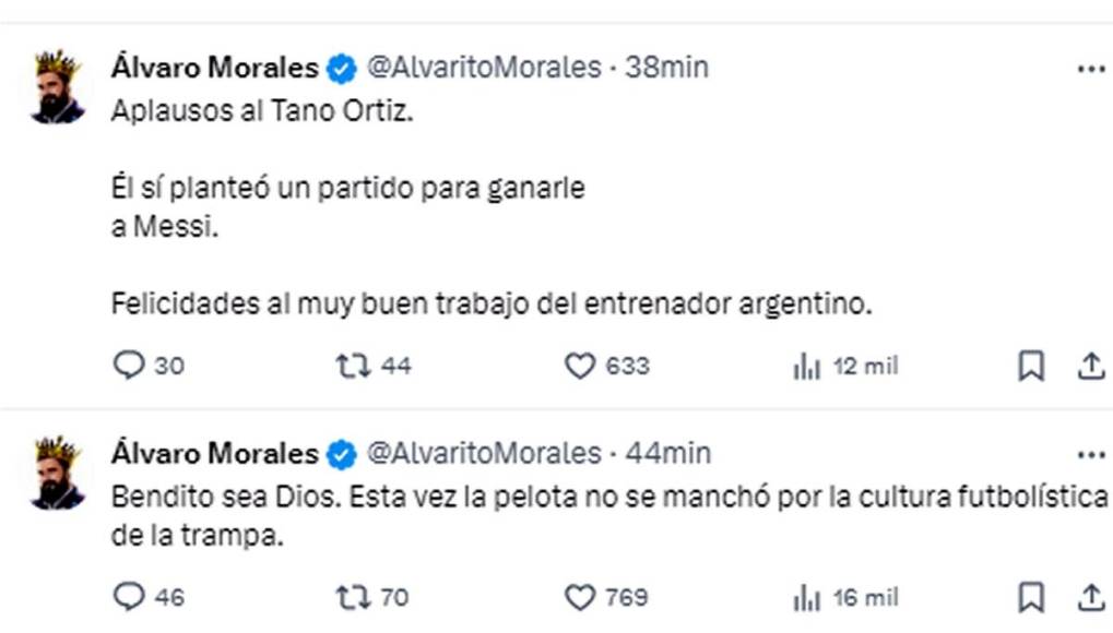 Álvaro Morales, periodista de ESPN, cargó duró contra Messi y el Inter Miami. “Bendito sea Dios. Esta vez la pelota no se manchó por la cultura futbolística de la trampa”, en referencia al jugador argentino.