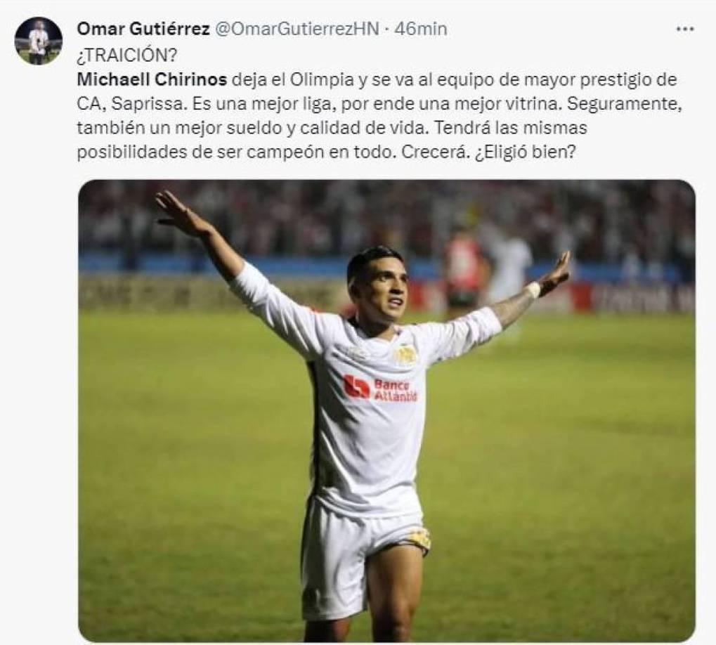 Omar Gutiérrez, periodista de Diario Diez, se pregunta si lo de Michaell Chirinos es una traición al Olimpia por irse al Saprissa.
