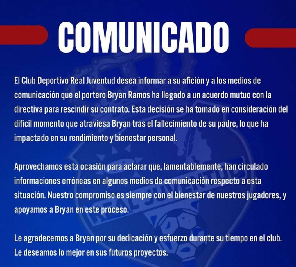 “El Club Deportivo Real Juventud desea informar a su afición y a los medios de comunicación que el portero Bryan Ramos ha llegado a un acuerdo mutuo con la directiva para rescindir su contrato. Esta decisión se ha tomado en consideración del difícil momento que atraviesa Bryan tras el fallecimiento de su padre, lo que ha impactado en su rendimiento y bienestar personal”, explica el equipo santabarbarense.