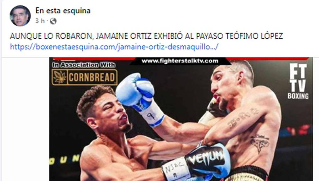 La revista de boxeo ‘En esta esquina’ fue fuerte en su titular: “Aunque le robaron, Jamaine Ortiz exhibió al payaso Teófimo López”.