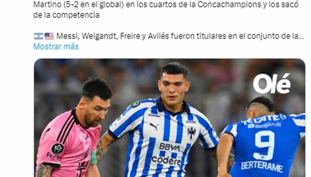 El diario Olé de Argentina destacó la victoria del Monterrey para eliminar al Inter Miami de Messi