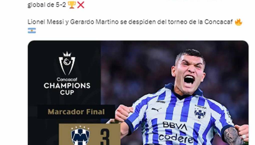 El diario As de Espana dice que el Monterrey “cumplió con el pronóstico, derrotando y goleando al Inter Miami”. “Messi y Gerardo Martino se despiden del torneo de la Concacaf”, agrega.