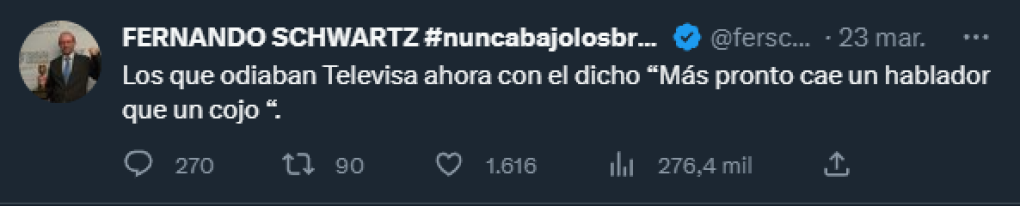 “Los que odiaban Televisa ahora con el dicho ‘Más pronto cae un hablador que un cojo’”, fueron las palaras de Fernando Schwartz en referencia a Faitelson y su incursión a Televisa.