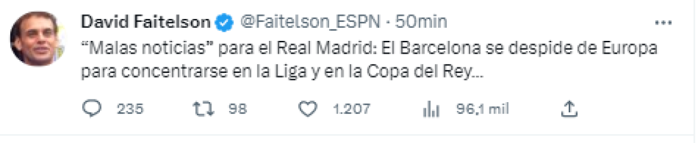 David Faitelson de ESPN: “Malas noticias para el Real Madrid: El Barcelona se despide de Europa para concentrarse en la Liga y en la Copa del Rey...”