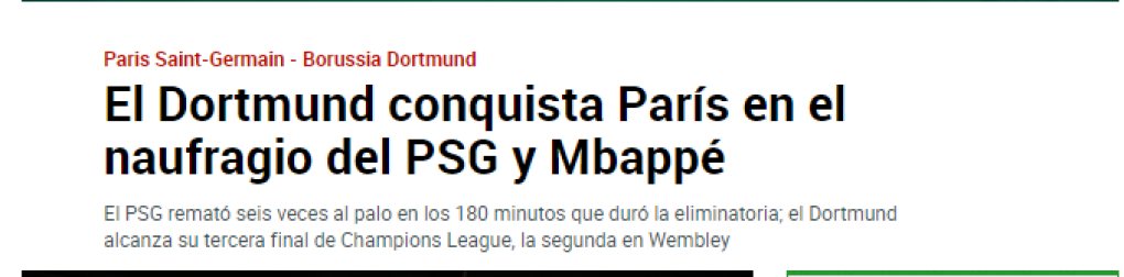 “El Dortmund conquista París en el naufragio del PSG y Mbappé”, diario Marca de España.