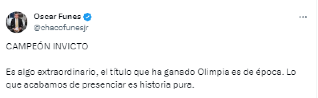 Óscar Funes, periodista hondureño: “Es algo extraordinario, el título que ha ganado Olimpia es de época. Lo que acabamos de presenciar es historia pura”.