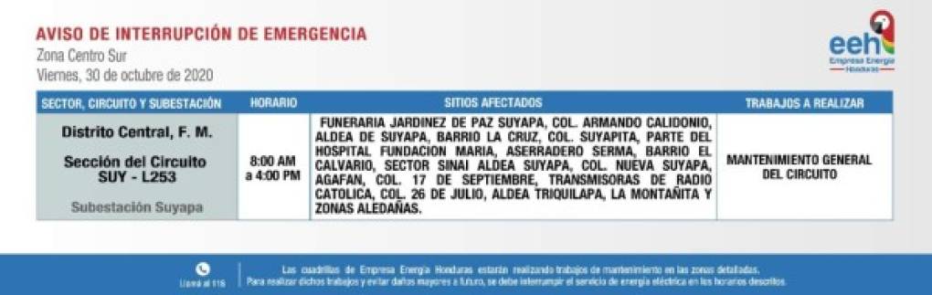 Estos son los calendarios publicados por la Empresa Energía Honduras (EEH).