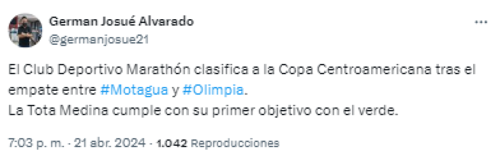 Asimismo, German Alvarado, periodista de GOLAZO resaltó que tras el empate entre Olimpia y Motagua, el “Marathón clasificó a la Copa Centroamericana”.
