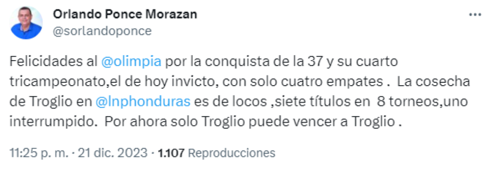 Orlando Ponce Morazán expresó que lo conseguido por Pedro Troglio es “de locos”, pues ya son siete títulos en ocho campeonatos. “Por ahora solo Troglio puede vencer a Troglio”, añadió.