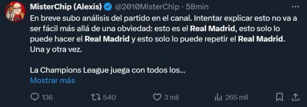 MisterChip: “Esto solo lo puede hacer el Real Madrid y esto solo lo puede repetir el Real Madrid”.