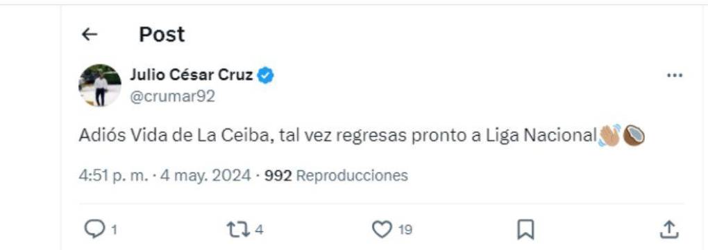 ”Adiós Vida de La Ceiba, tal vez regresas pronto a Liga Nacional”, fue el mensaje del periodista Julio Cruz. 