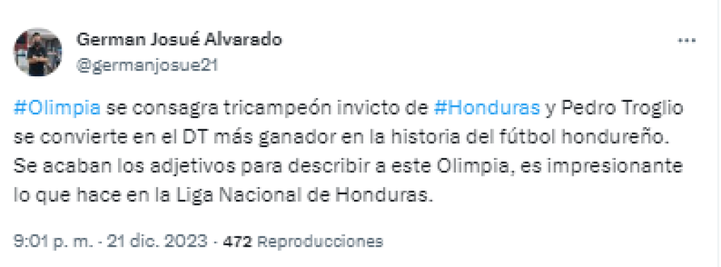 German Alvarado, periodista de Diario LA PRENSA: “Se acaban los adjetivos para describir a este Olimpia, es impresionante lo que hace en la Liga Nacional de Honduras”.