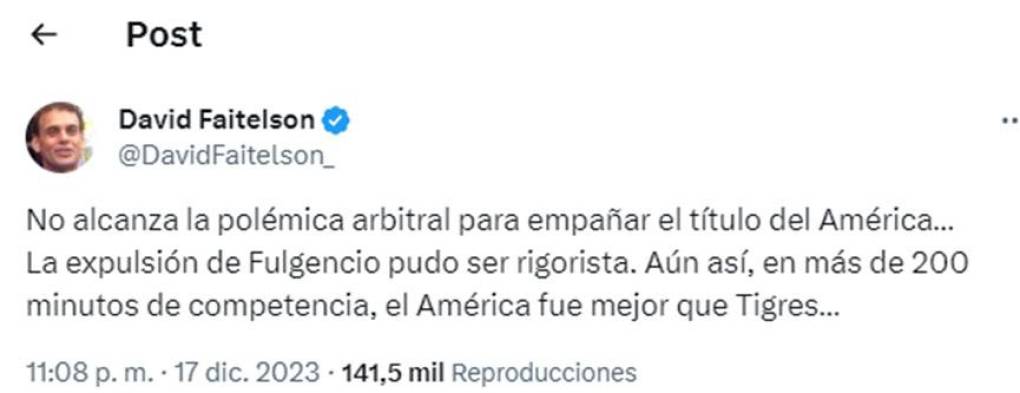 ”América fue mejor que Tigres”, puntualizó Faitelson en sus redes sociales. 