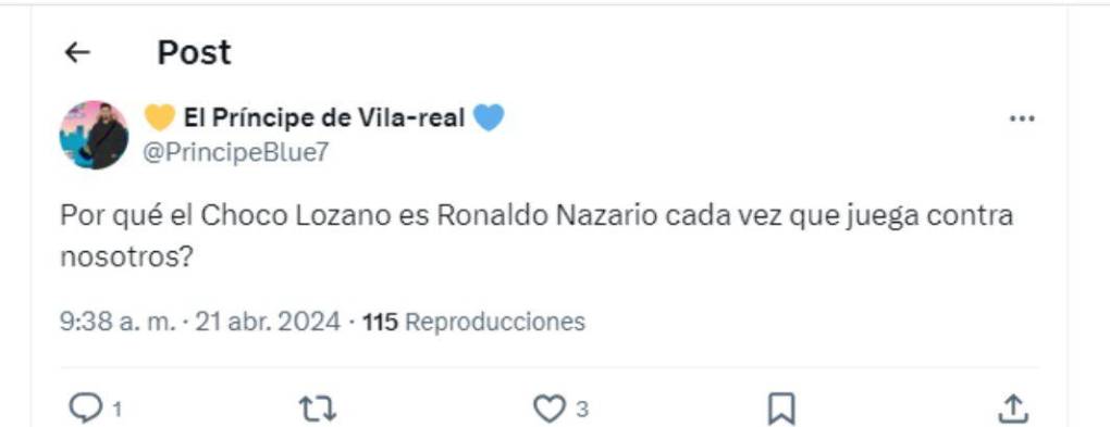 Choco Lozano casi siempre le marca al Villarreal en el fútbol de España y los aficionados del submarino amarillo se pronunciaron en sus redes sociales.