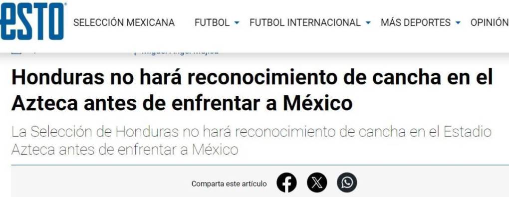 DIARIO ESTO: “Honduras no hará reconocimiento de cancha en el Azteca antes de enfrentar a México”.