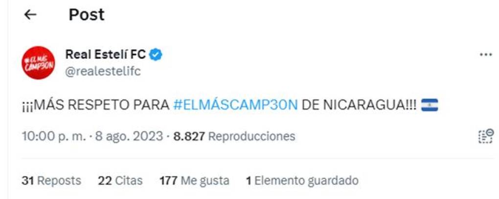 Real Estelí en sus redes sociales generó revuelo con sus publicaciones tras vencer al Olimpia: “Más respeto para el más campeón de Nicaragua”, señaló.