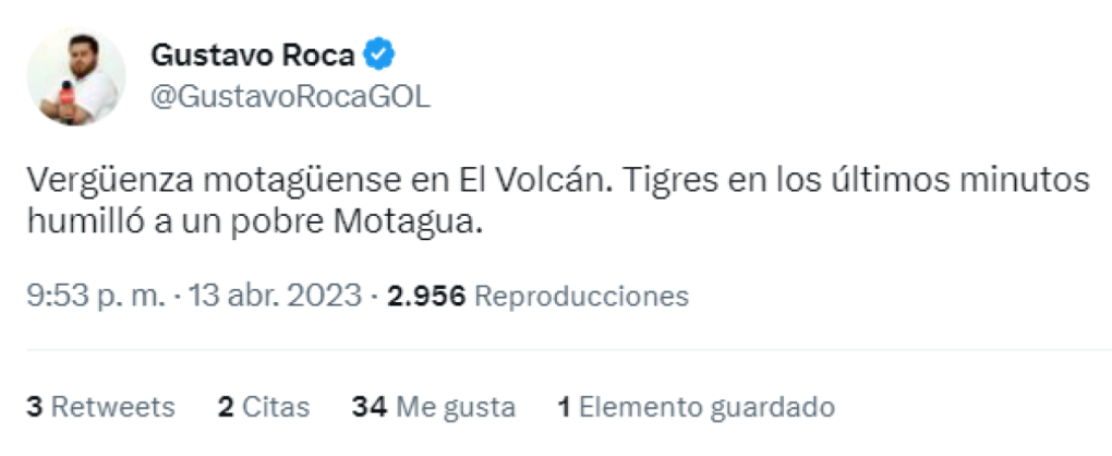 “Vergüenza motagüense en el Volcán”, así reaccionó el periodista de Diario DIEZ, Gustavo Roca.