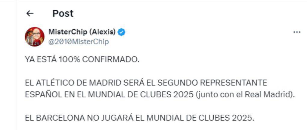 El estadígrafo MisterChip informó que Barcelona no jugará el Mundial de Clubes 2025.