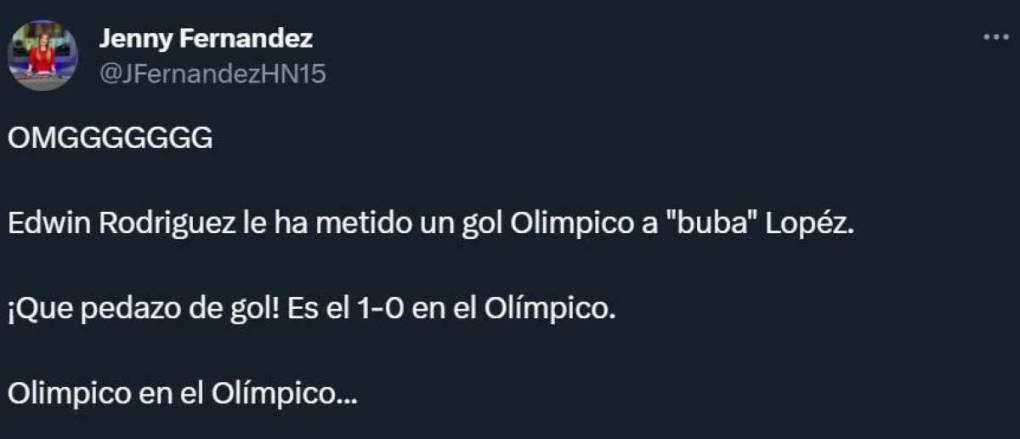 Jenny Fernández se mostró asombrada por el gol olímpico.