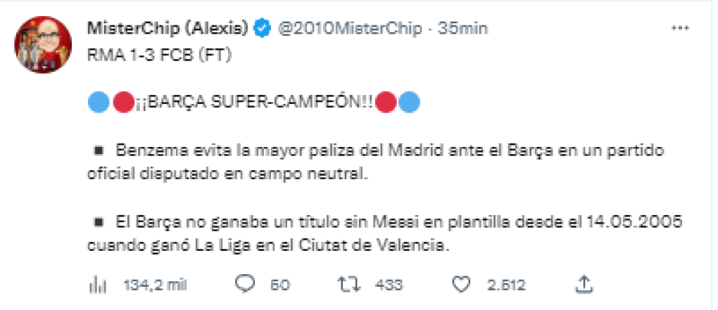 El estadista español, Mister Chip, realizó un análisis de la gran final de la Supercopa de España.