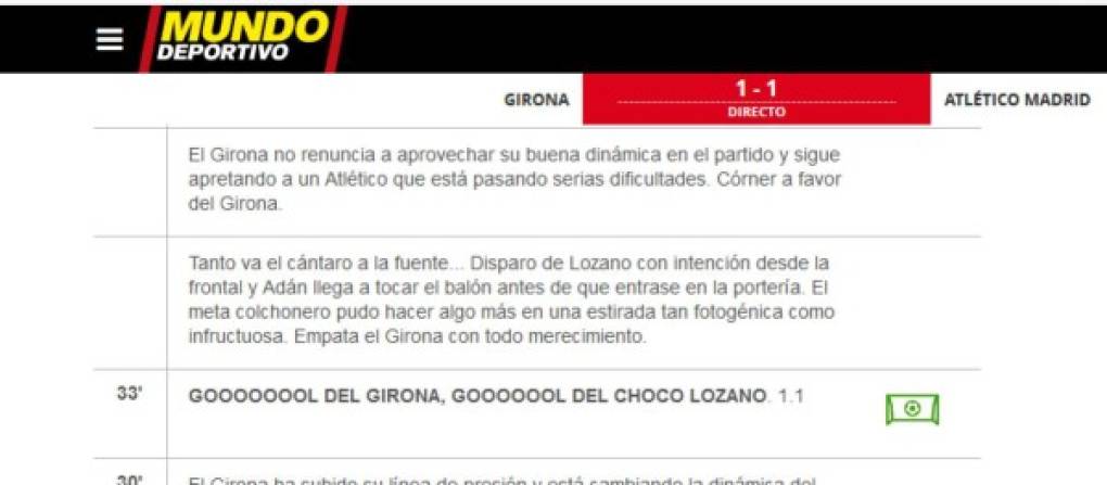 Mundo Deportivo de España señala que en el gol del Choco Lozano pudo haber hecho más el portero Adán del Atlético de Madrid.