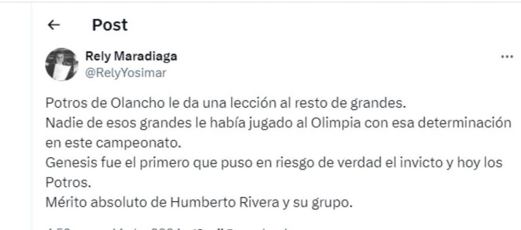 ”Potros de Olancho le da una lección al resto de grandes. Nadie de esos grandes le había jugado al Olimpia con esta determinación en este campeonato”, señaló el periodista Rely Maradiaga.