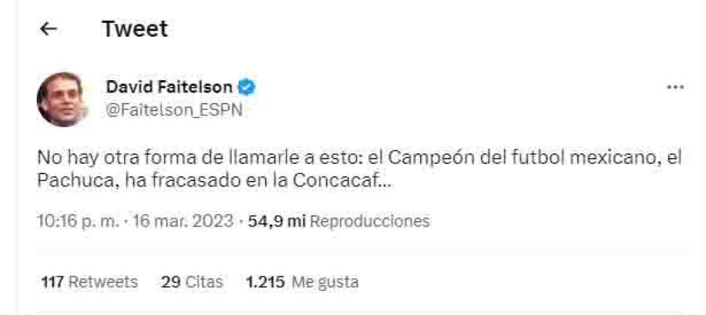 “No hay otra forma de llamarle a esto: El campeón del fútbol mexicano, el Pachuca, ha fracaso en Concacaf”, dijo David Faitelson.