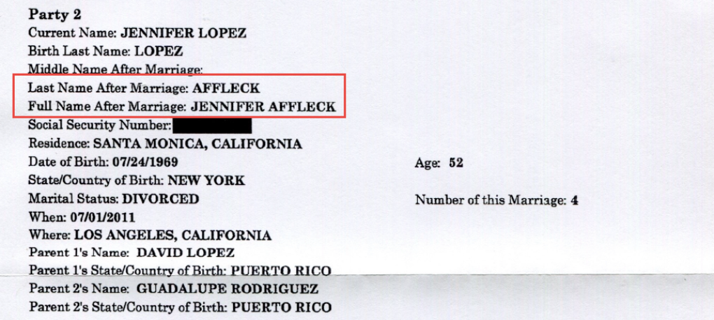 Jennifer López solicitó usar el apellido Affleck tras convertirse en su esposa.