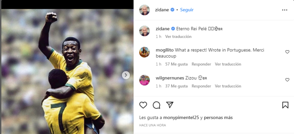 Zinedine Zidane, Balón de Oro en 1998 y líder de la selección francesa que ganó aquel Mundial, dejó un conciso mensaje en su cuenta de Instagram : “Eterno Rei Pelé”, escribió “Zizou” en portugués.
