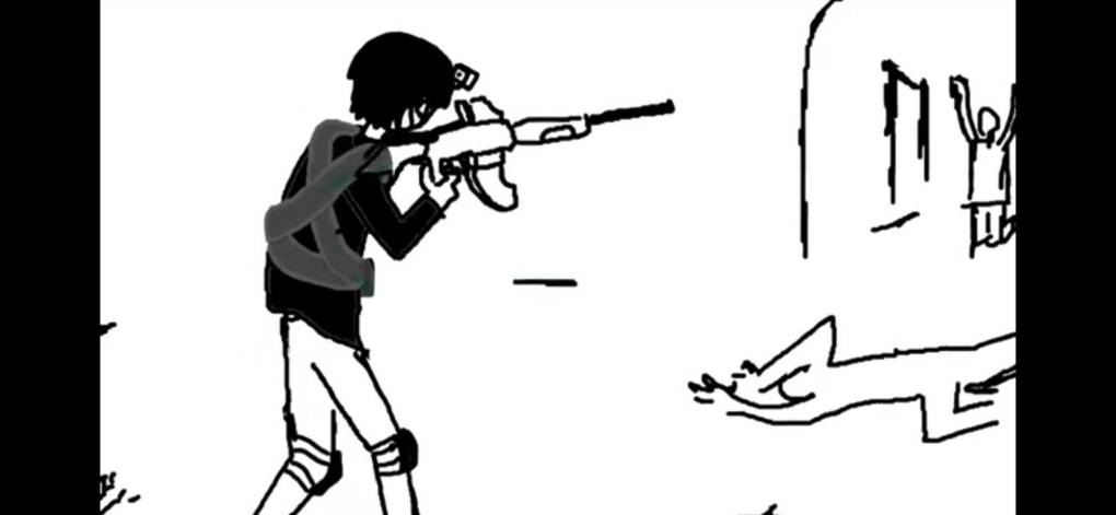 En uno de sus videos, las imágenes dibujadas por computadora muestran una figura con equipo táctico disparando un rifle a una persona arrodillada que suplica clemencia.