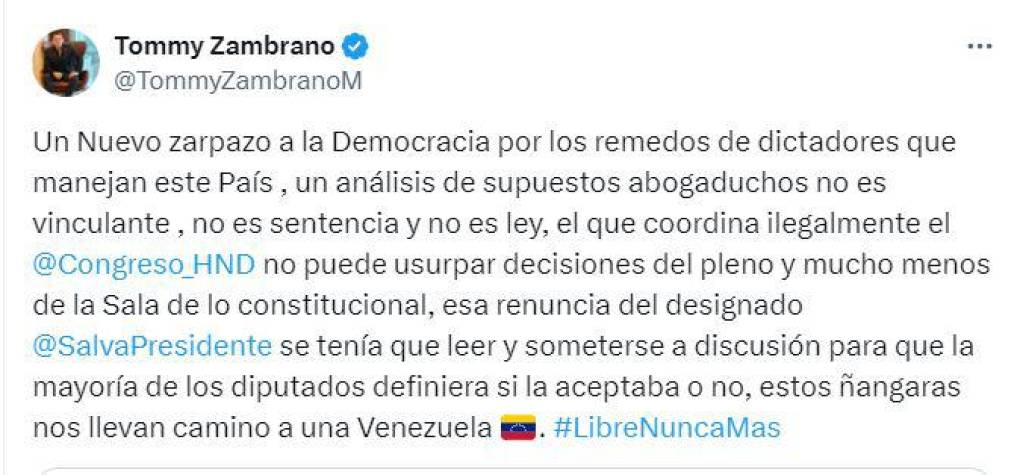 Tomás Zambrano, jefe de la bancada de diputados del Partido Nacional, calificó como “zarpazo a la democracia”, la actuación de Redondo en contra de Nasralla. 