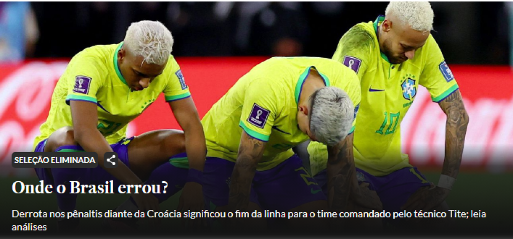 El diario Estadao se preguntaba en el titular “¿Dónde erró <b>Brasil</b>?”, también con una foto de Neymar desconsolado al fondo. 