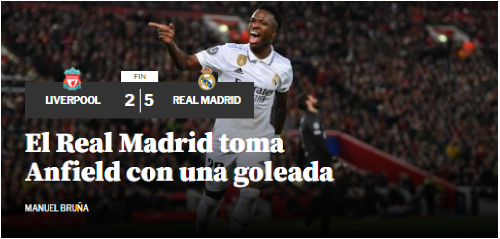 Mundo Deportivo de España: “El Real Madrid toma Anfield con una goleada”.