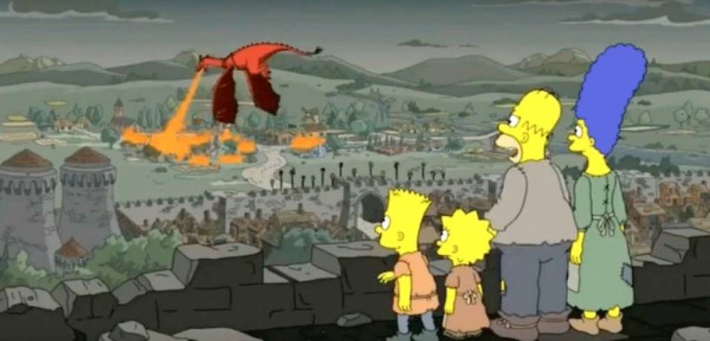 El dragón ataca Desembarco del Rey en “Juego de tronos”<br/><br/><br/><br/> <br/><br/>Fecha de emisión original: 1 de octubre de 2017<br/><br/>Fecha en la que se volvió realidad: 12 de mayo de 2019<br/><br/>La 29.ª temporada inició con Los Simpson adoptando el género de fantasía con una perspectiva satírica de un universo similar al de Juego de Tronos, desde el punto de vista de los campesinos. El episodio acaba cuando Homero revive a un dragón que, luego, quema todo el pueblo de manera inesperada. Años más tarde, los fanáticos de Juego de tronos revivieron lo mismo cuando la mascota de Daenerys, Drogon, asedió Desembarco del Rey.
