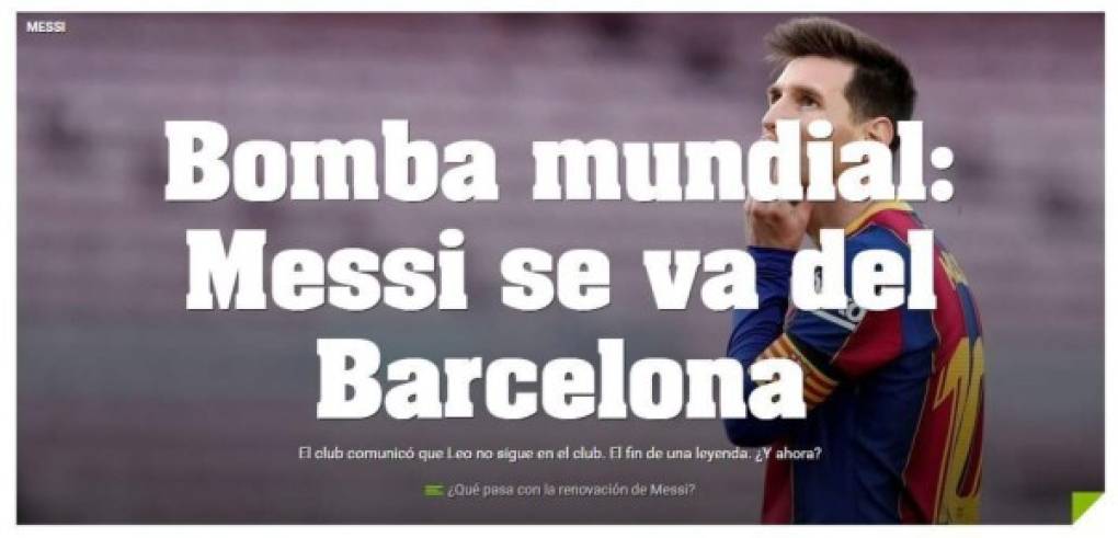 Diario Olé (Argentina) - “Bomba mundial: Messi se va del Barcelona”.
