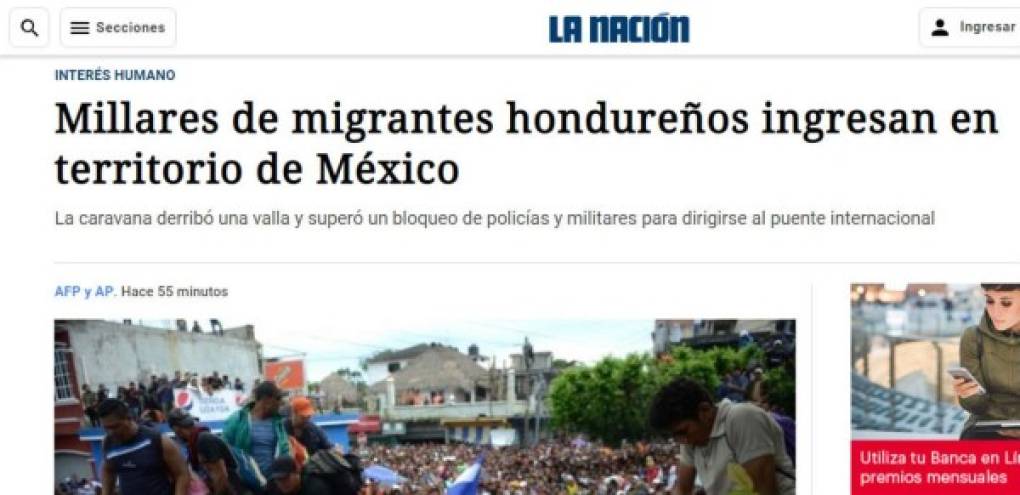 La Nación de Costa Rica informaba sobre la llegada de los compatriotas hondureños a la frontera mexicana.