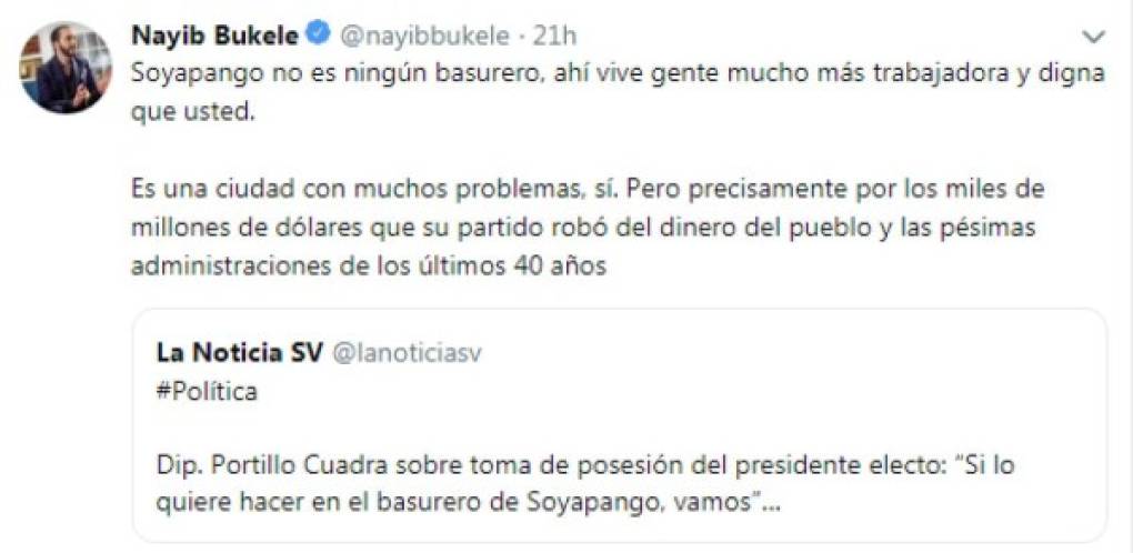 El mandatario electo, que acusó el pasado 28 de marzo al Gobierno saliente de 'secuestrar' los preparativos de la ceremonia de toma de posesión, arremetió contra el diputado René Portillo por llamar basurero a la comunidad de Soyapango.